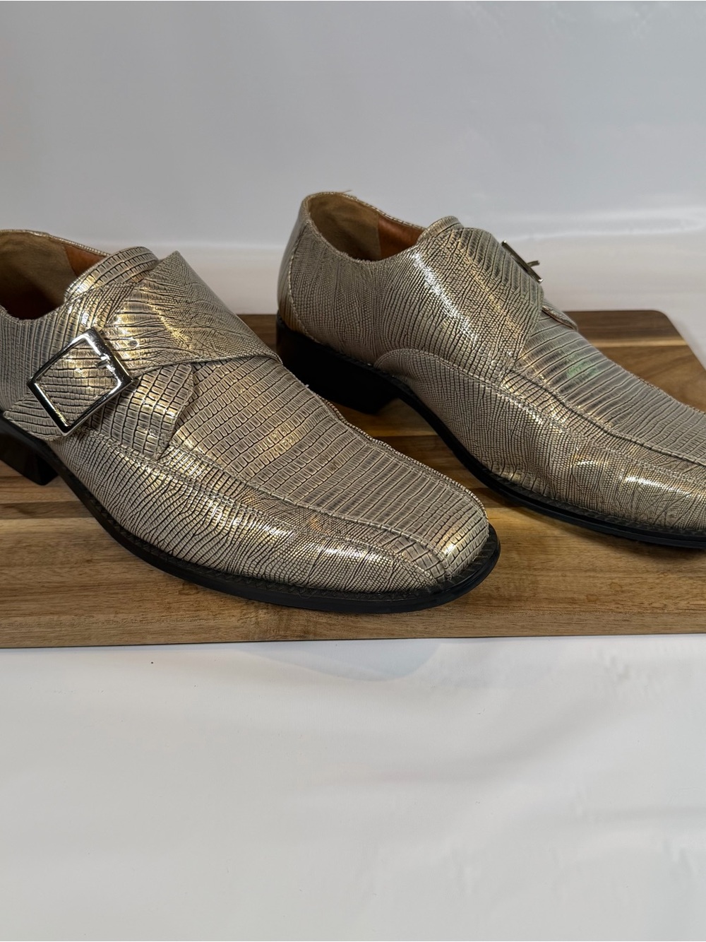 Aldo Bellini Metallic Silver Textured Monk Strap Dress Shoes 12 Snakeskin print